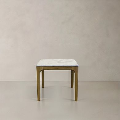 22" White and Natural Faux Marble and Wood Square End Table