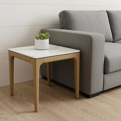 22" White and Natural Faux Marble and Wood Square End Table