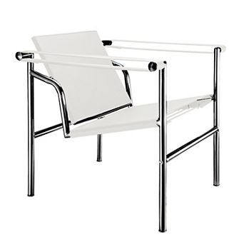 24" White and Silver Faux Leather and Stainless Adjustable Back Arm Chair