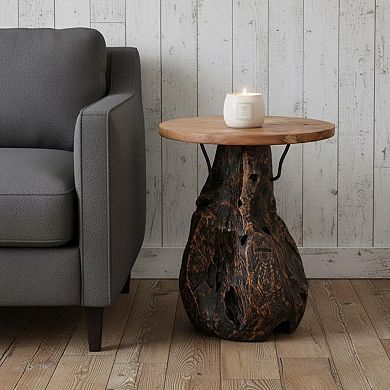 24" Natural and Smoky Black Distressed Reclaimed Wood Round Pedestal End Table