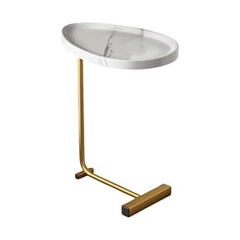 24" White and Gold Faux Marble and Metal Oval End Table