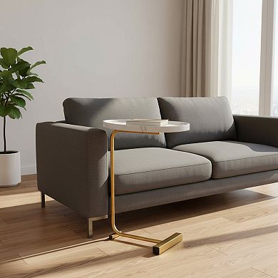 24" White and Gold Faux Marble and Metal Oval End Table