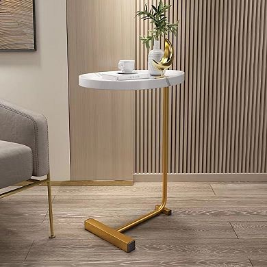 24" White and Gold Faux Marble and Metal Oval End Table