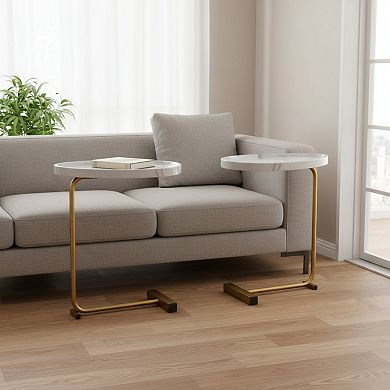 24" White and Gold Faux Marble and Metal Oval End Table