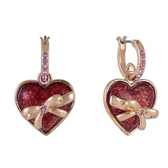 Hallmark Gold Tone Huggie Hoop Earrings with Red Glitter Heart Drop