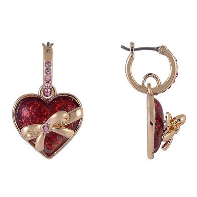Hallmark Gold Tone Huggie Hoop Earrings with Red Glitter Heart Drop
