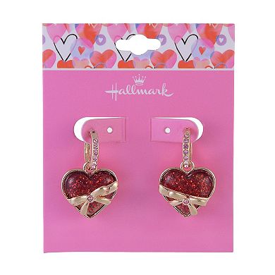 Hallmark Gold Tone Huggie Hoop Earrings with Red Glitter Heart Drop