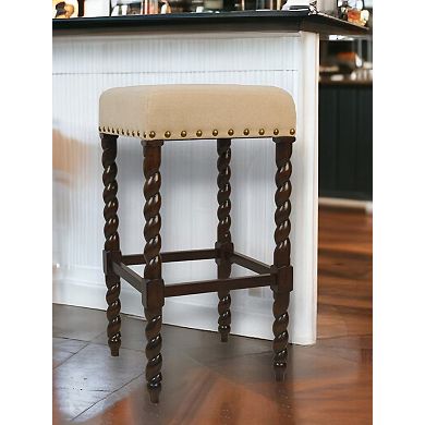 30" Cream And Espresso Solid Wood Backless Bar Height Bar Chair
