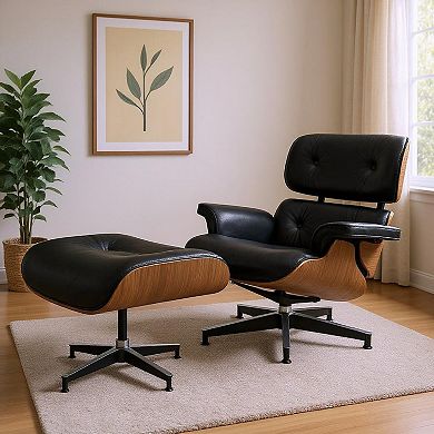 27" Black and Light Brown Tufted Genuine Leather Swivel Lounge Chair With Ottoman