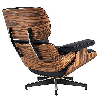 27" Black and Brown Tufted Genuine Cowhide Swivel Lounge Chair With Ottoman