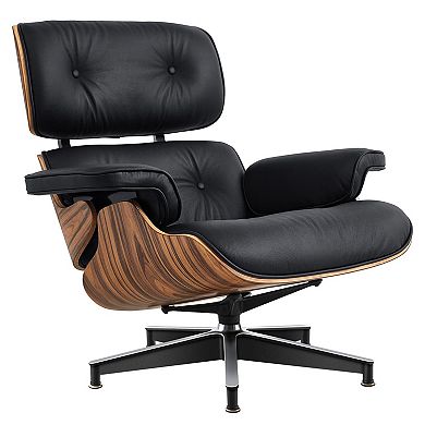 27" Black and Brown Tufted Genuine Cowhide Swivel Lounge Chair With Ottoman