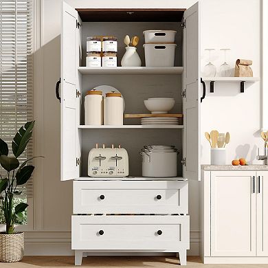65" Tall Storage Cabinet with 2 DIY Adjustable Shelves, Wooden Pantry w/ 2 Doors & 2 Drawers
