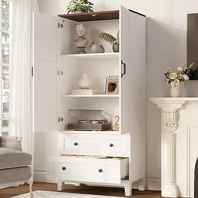 65" Tall Storage Cabinet with 2 DIY Adjustable Shelves, Wooden Pantry w/ 2 Doors & 2 Drawers