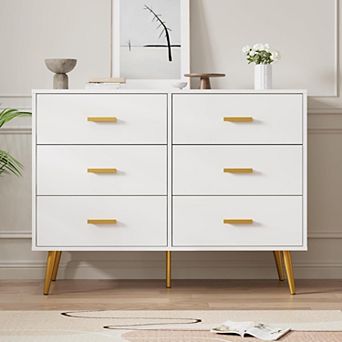 6 Drawer Dresser, Modern Wooden Chest of Drawers with Gold Handles, for Bedroom, Living Room
