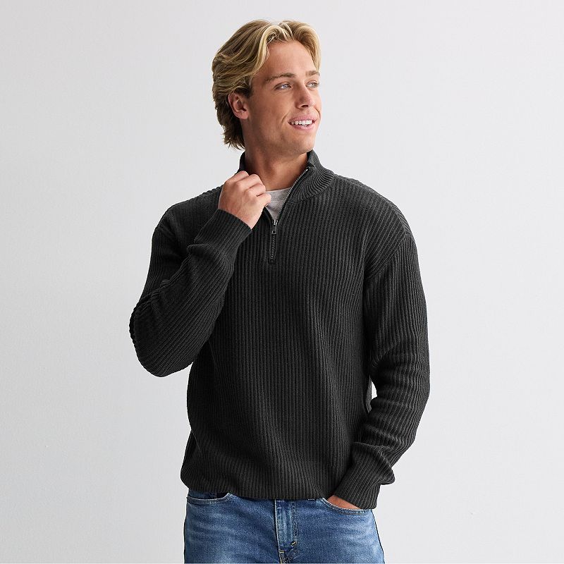 Men's Retrofit Relaxed Shaker Stitch Quarter Zip Sweater, Size: Medium, Black