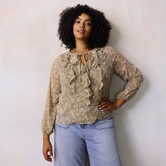 Plus Size LC Lauren Conrad Long Sleeve Tie Ruffle V-Neck Blouse
