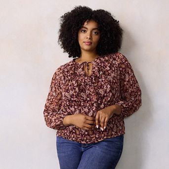 Plus Size LC Lauren Conrad Long Sleeve Tie Ruffle V-Neck Blouse