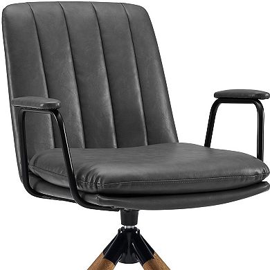 23" Gray And Natural Faux Leather Swivel Arm Chair