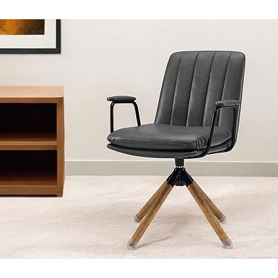 23" Gray And Natural Faux Leather Swivel Arm Chair