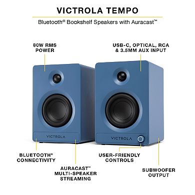 Victrola Tempo Bluetooth Bookshelf Speakers with Auracast Multi-Speaker Streaming