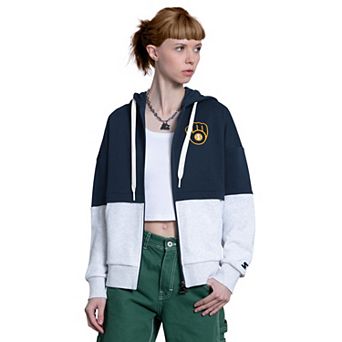 Women's Starter Navy/White Milwaukee Brewers Wishbone Full-Zip Hoodie