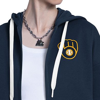 Women's Starter Navy/White Milwaukee Brewers Wishbone Full-Zip Hoodie