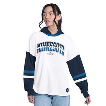 Women's G-III 4Her by Carl Banks White/Navy Minnesota Timberwolves Key Player Oversized Hooded Long Sleeve T-Shirt