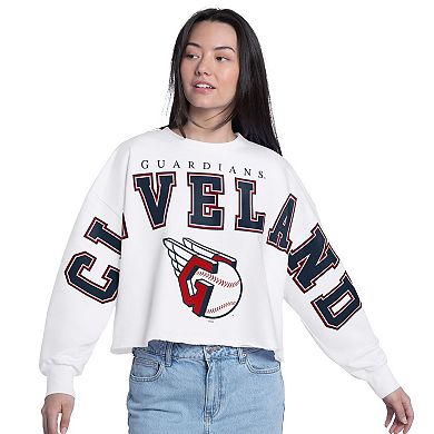 Women's G-III 4Her by Carl Banks White Cleveland Guardians Bleachers Cropped Pullover Sweatshirt