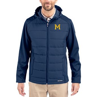 Men's Cutter & Buck Navy Michigan Wolverines Evoke Hybrid Eco Softshell Recycled Full Zip Hooded Jacket