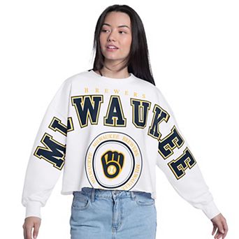 Women's G-III 4Her by Carl Banks White Milwaukee Brewers Bleachers Cropped Pullover Sweatshirt