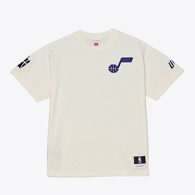 Men's Mitchell & Ness Cream Utah Jazz Hardwood Classics Chainstitch Premium T-Shirt