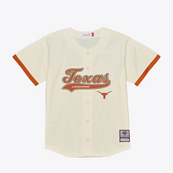 Men's Mitchell & Ness Cream Texas Longhorns Mesh Button-Up Batting Practice Baseball Jersey