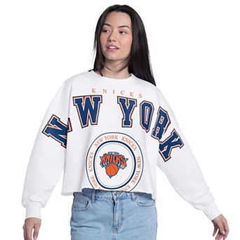 Women's G-III 4Her by Carl Banks White New York Knicks Bleachers Cropped French Terry Sweatshirt