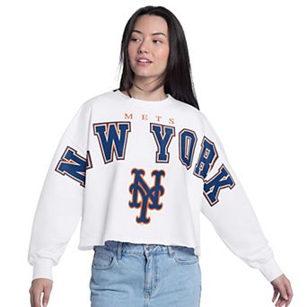 Women's G-III 4Her by Carl Banks White New York Mets Bleachers Cropped Pullover Sweatshirt