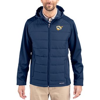 Men's Cutter & Buck Navy West Virginia Mountaineers Evoke Hybrid Eco Softshell Recycled Full Zip Hooded Jacket