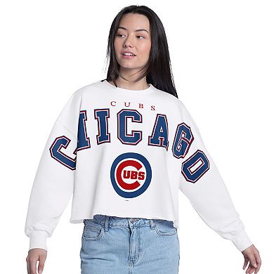 Women's G-III 4Her by Carl Banks White Chicago Cubs Bleachers Cropped Pullover Sweatshirt