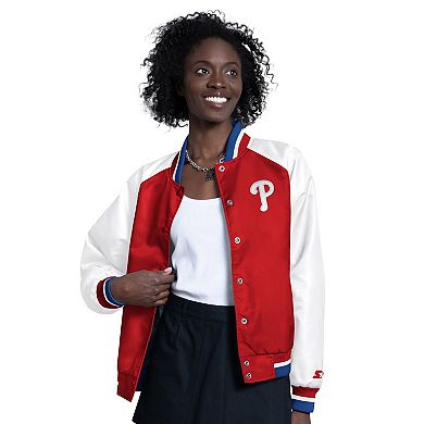 Women's Starter Red/White Philadelphia Phillies Blitz Varsity Raglan Full-Snap Satin Jacket