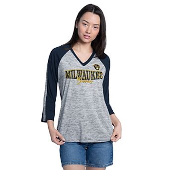 Women's G-III 4Her by Carl Banks Navy/Grey Milwaukee Brewers Speed Training 3/4-Sleeve V-Neck T-Shirt