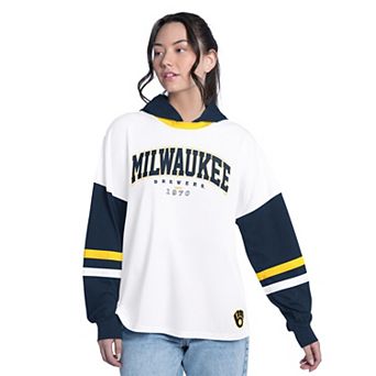 Women's G-III 4Her by Carl Banks White/Navy Milwaukee Brewers Key Player Oversized Hooded Long Sleeve T-Shirt