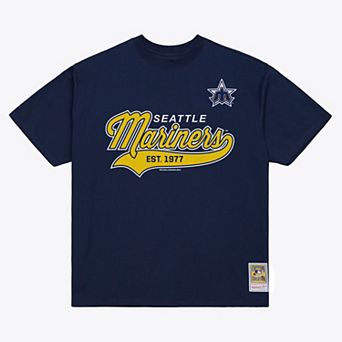 Men's Mitchell & Ness Navy Seattle Mariners Script Sweep Arch T-Shirt