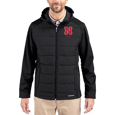 Men's Cutter & Buck Black Nebraska Huskers Evoke Hybrid Eco Softshell Recycled Full Zip Hooded Jacket