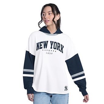 Women's G-III 4Her by Carl Banks White/Navy New York Yankees Key Player Oversized Hooded Long Sleeve T-Shirt