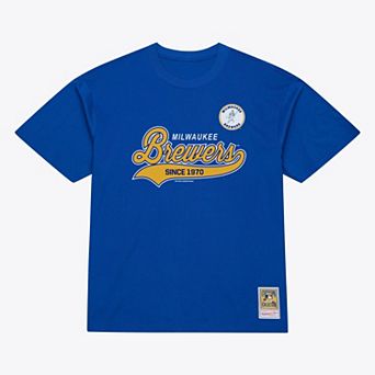 Men's Mitchell & Ness Royal Milwaukee Brewers Script Sweep Arch T-Shirt