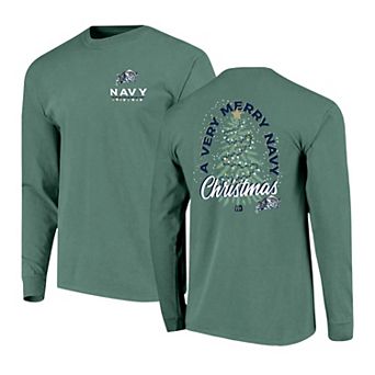 Men's Green Navy Midshipmen Comfort Colors Merry Christmas Tree Long Sleeve T-Shirt