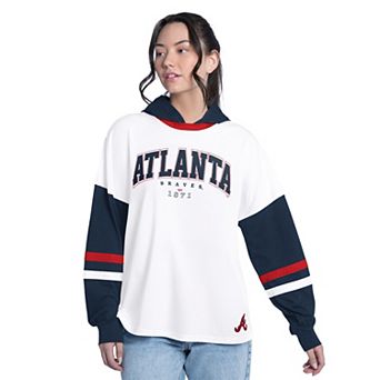 Women's G-III 4Her by Carl Banks White/Navy Atlanta Braves Key Player Oversized Hooded Long Sleeve T-Shirt