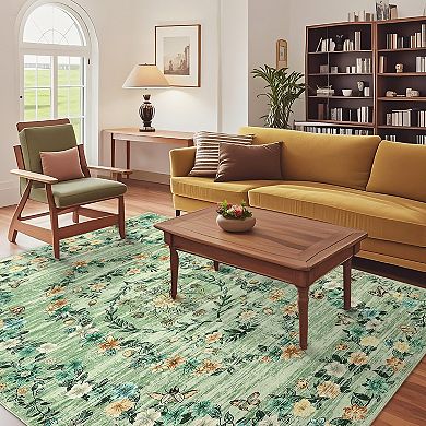 Modern Floral Area Rug Stain Resistant Ultra Thin Machine Washable Floor Cover for Kitchen Laundry