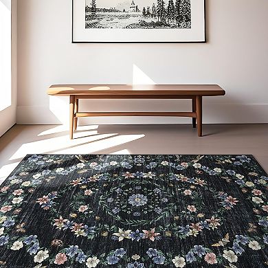 Modern Floral Area Rug Stain Resistant Ultra Thin Machine Washable Floor Cover for Kitchen Laundry