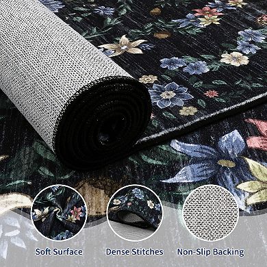 Modern Floral Area Rug Stain Resistant Ultra Thin Machine Washable Floor Cover for Kitchen Laundry