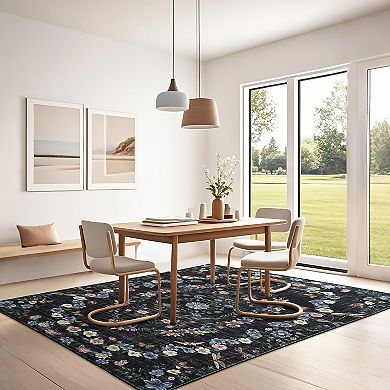 Modern Floral Area Rug Stain Resistant Ultra Thin Machine Washable Floor Cover for Kitchen Laundry