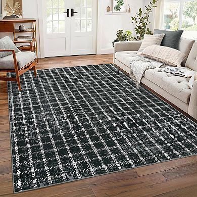 Modern Plaid Area Rug Machine Washable Stain Resistant Pet friendly Floor Cover for Bedroom Hallway